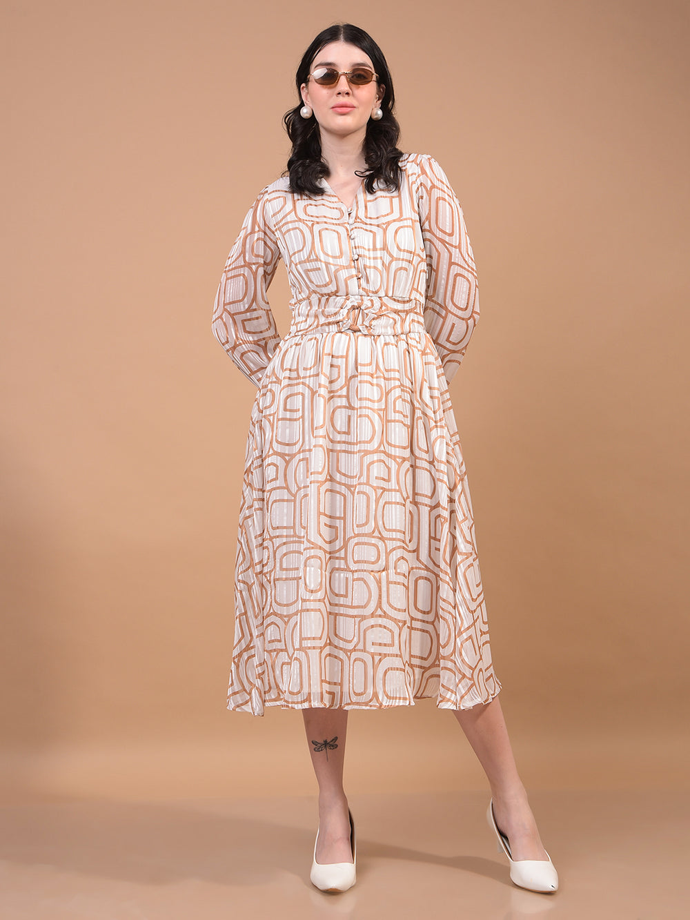 Women's Brown Printed V-Neck A-Line Dress-Women Dress-Crimsoune Club