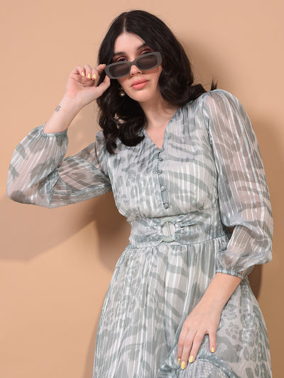 Women's Green Printed V-Neck A-Line Dress-Women Dress-Crimsoune Club