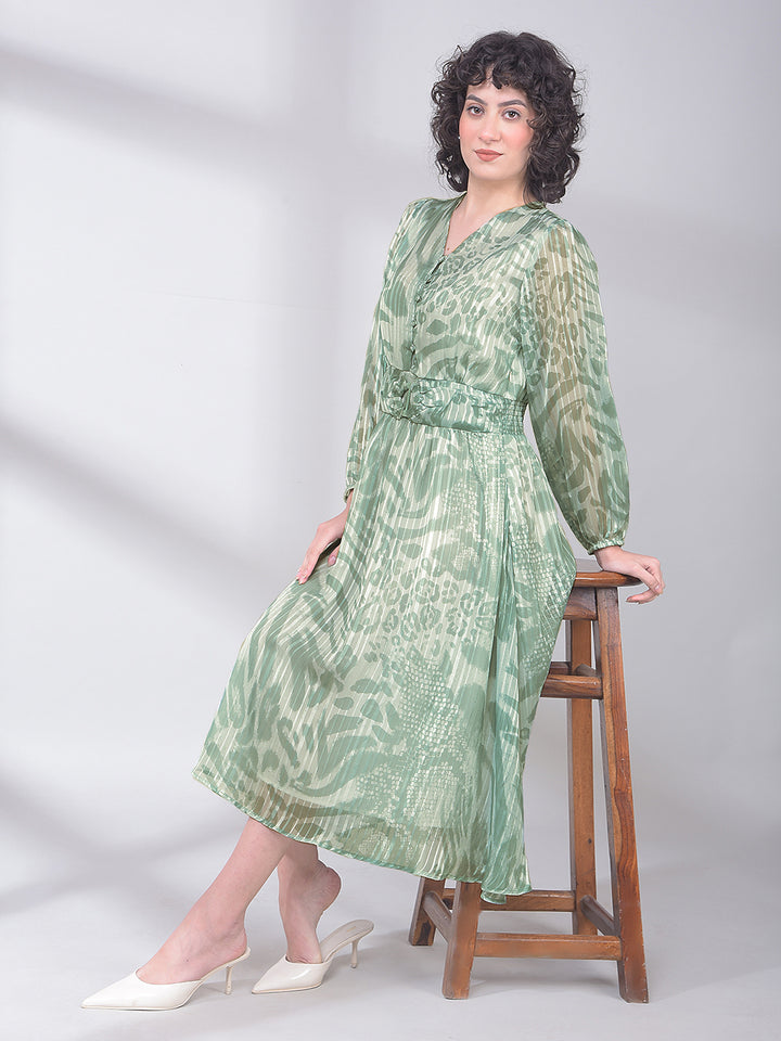 Green Printed V-Neck A-Line Dress-Women Dresses-Crimsoune Club