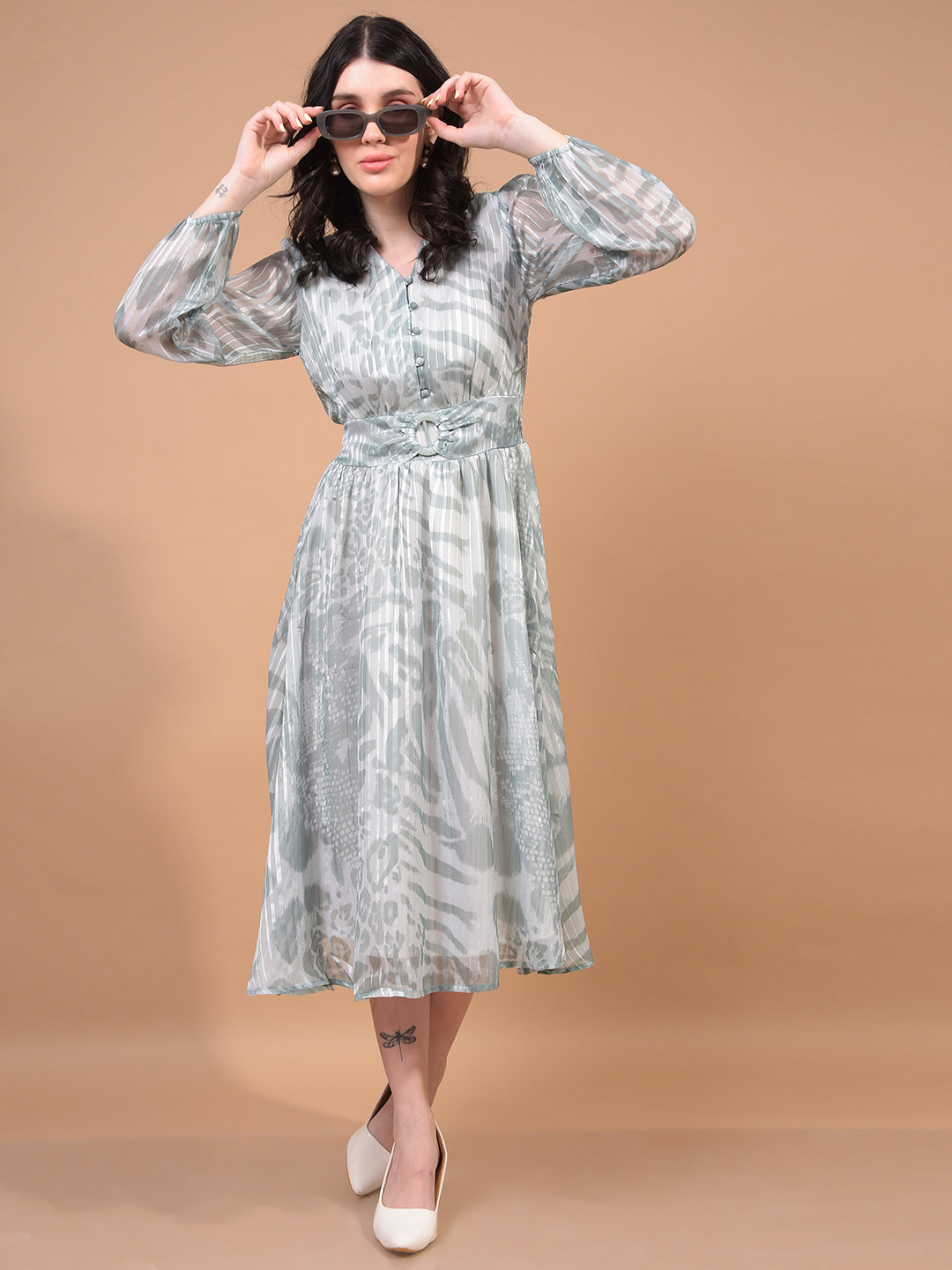 Women's Green Printed V-Neck A-Line Dress-Women Dress-Crimsoune Club