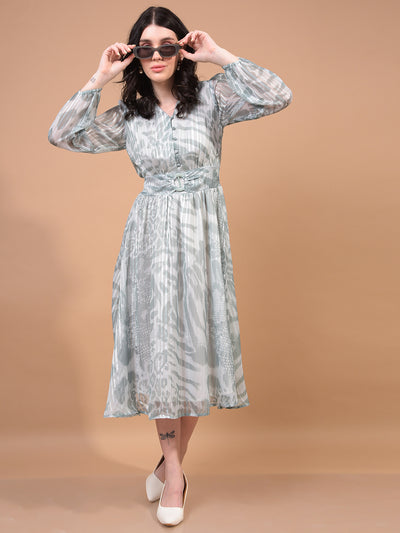 Women's Green Printed V-Neck A-Line Dress-Women Dress-Crimsoune Club