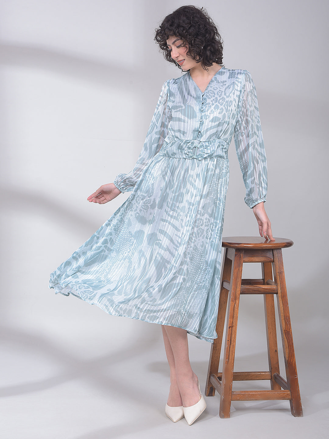 Green Printed V-Neck A-Line Dress-Women Dresses-Crimsoune Club