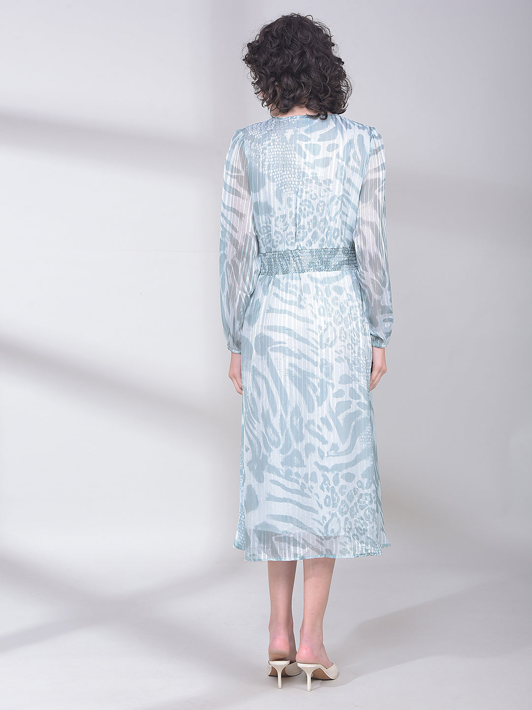 Green Printed V-Neck A-Line Dress-Women Dresses-Crimsoune Club