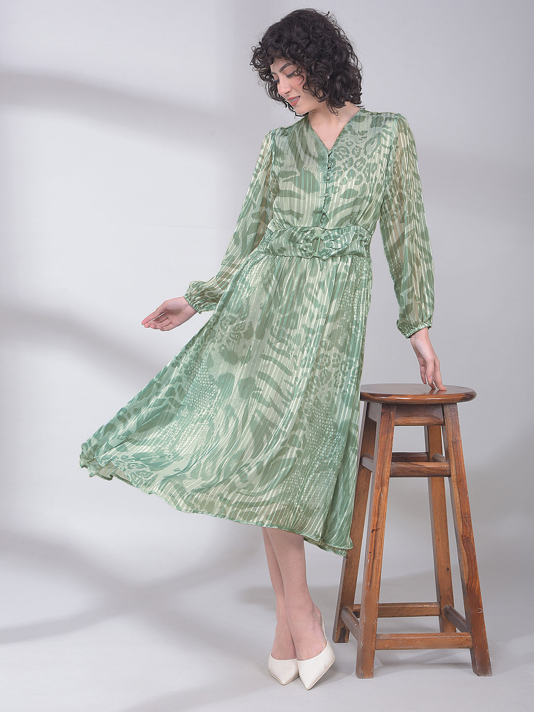 Green Printed V-Neck A-Line Dress-Women Dresses-Crimsoune Club