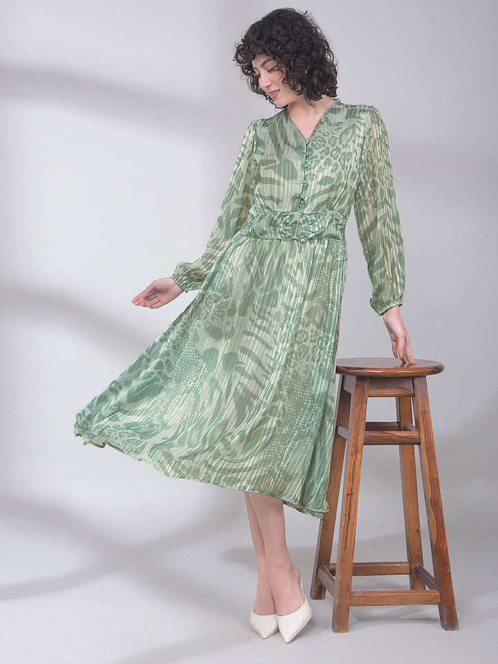 Green Printed V-Neck A-Line Dress-Women Dresses-Crimsoune Club