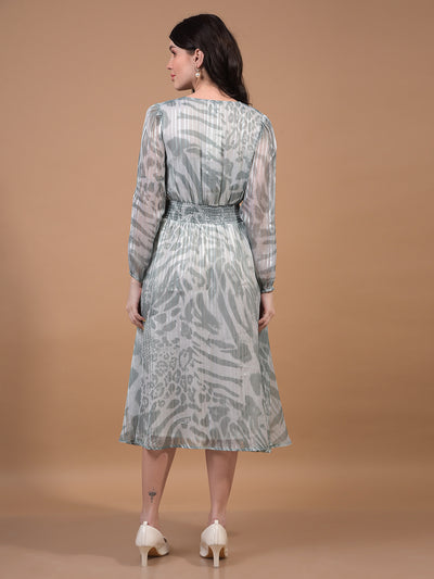 Women's Green Printed V-Neck A-Line Dress-Women Dress-Crimsoune Club