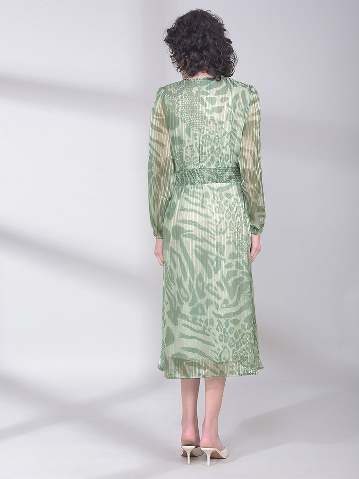 Green Printed V-Neck A-Line Dress-Women Dresses-Crimsoune Club