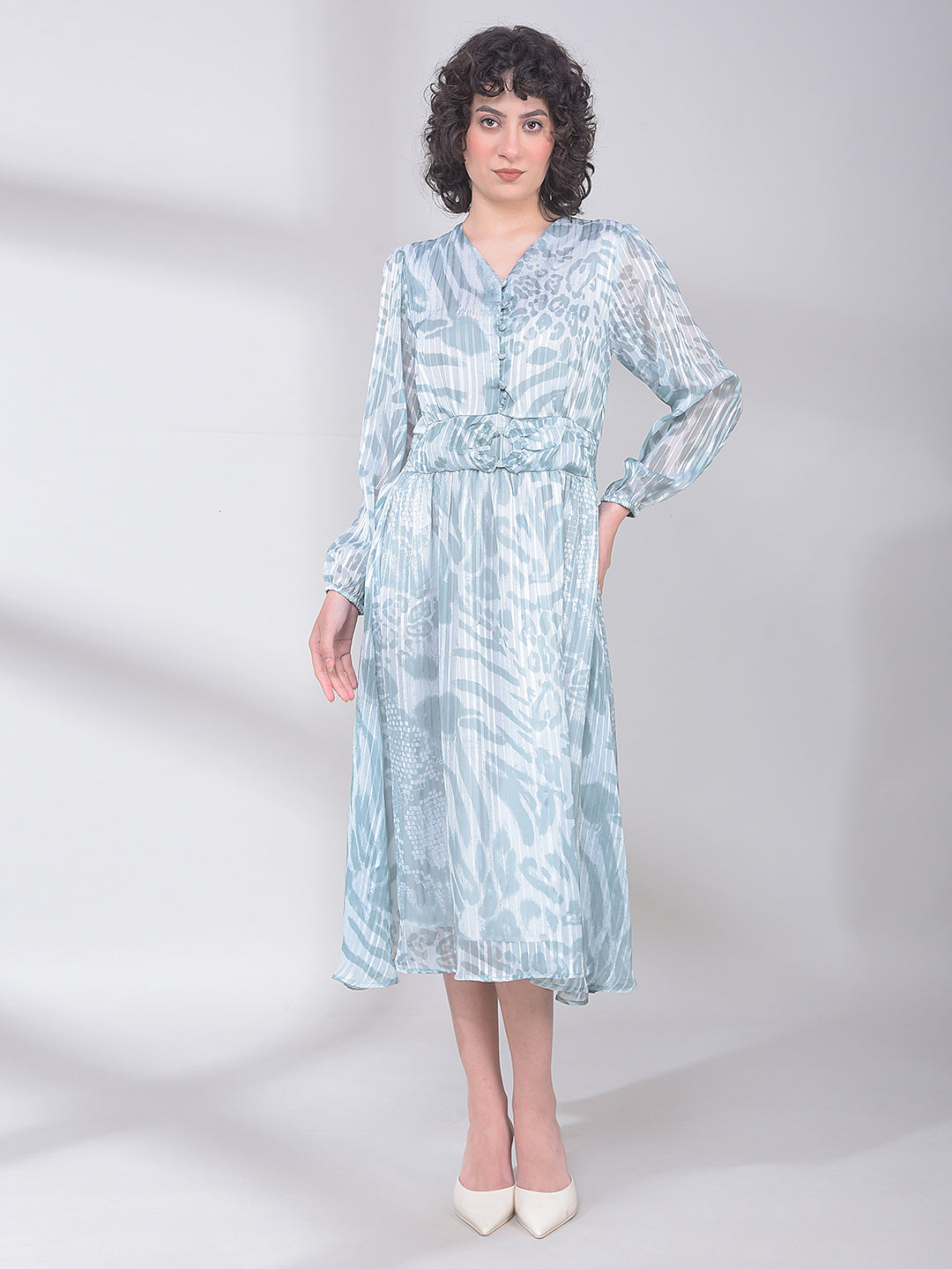 Green Printed V-Neck A-Line Dress-Women Dresses-Crimsoune Club