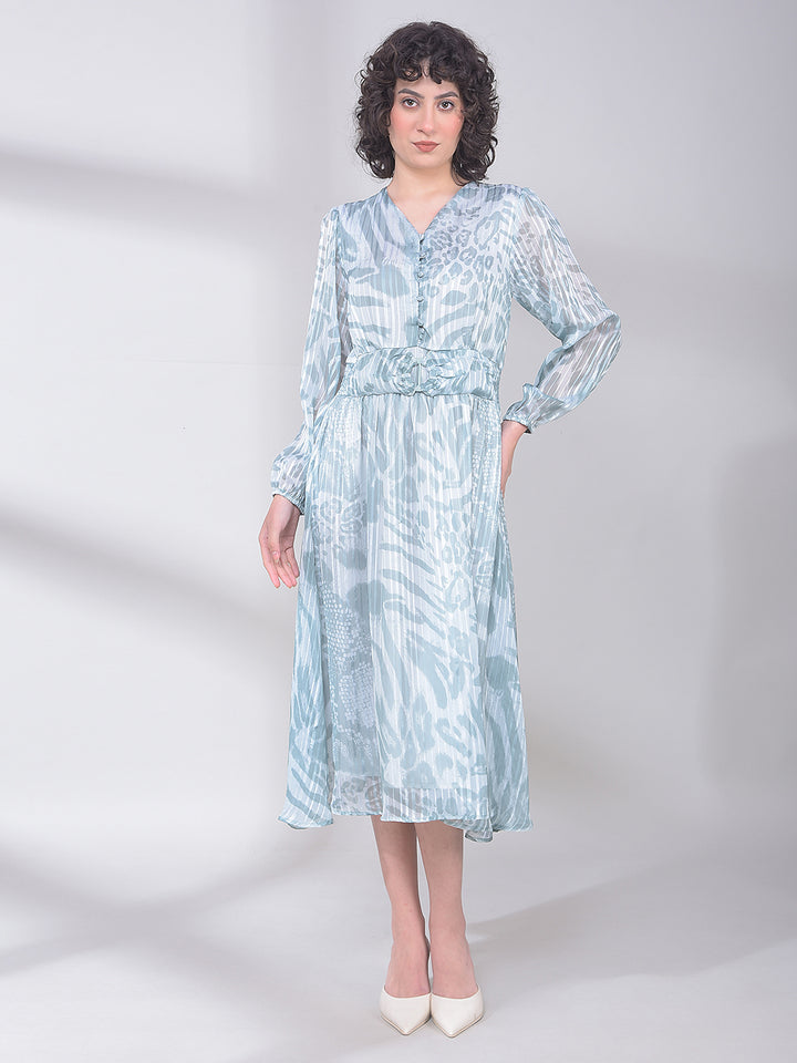 Green Printed V-Neck A-Line Dress-Women Dresses-Crimsoune Club