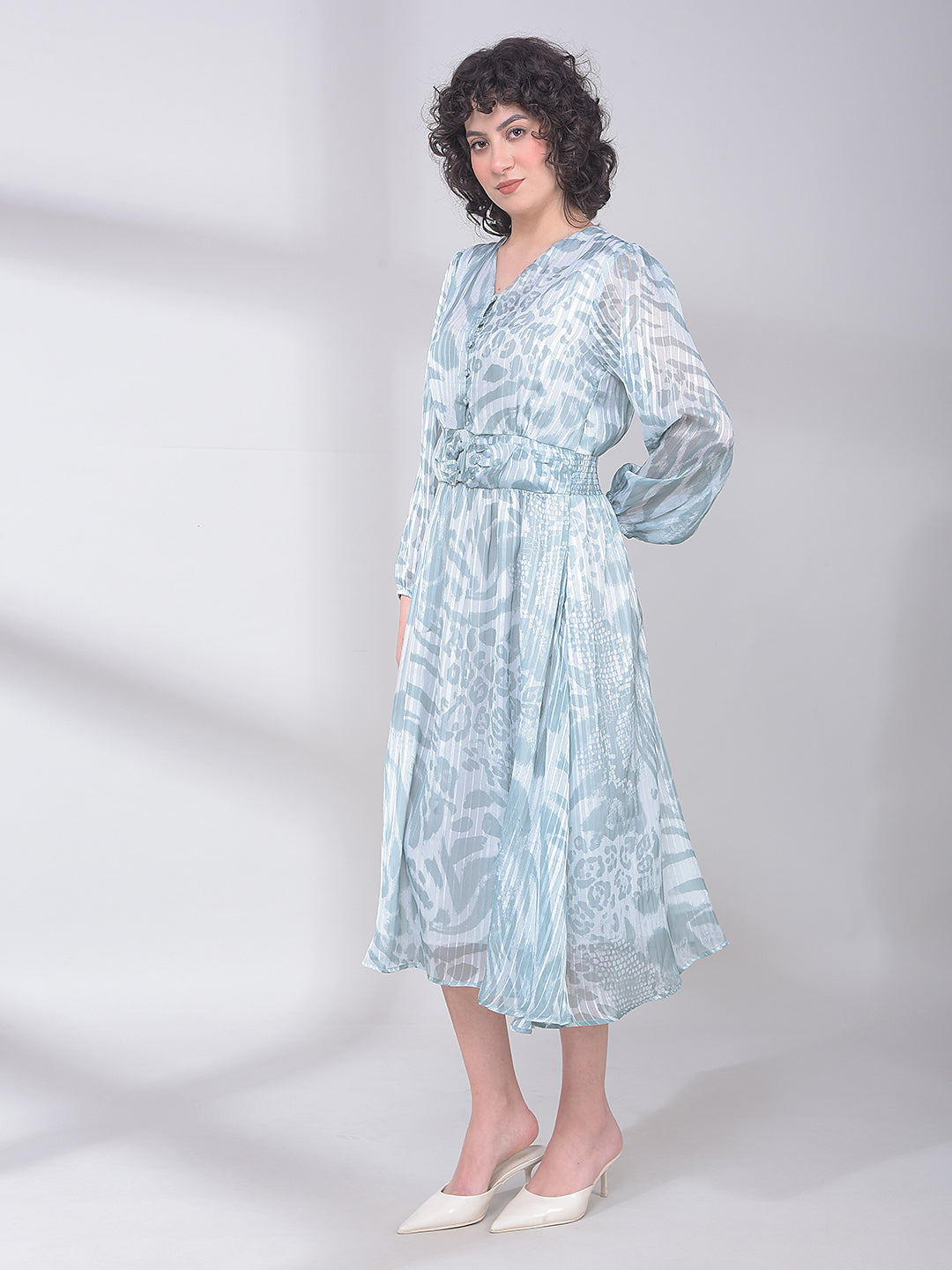 Green Printed V-Neck A-Line Dress-Women Dresses-Crimsoune Club