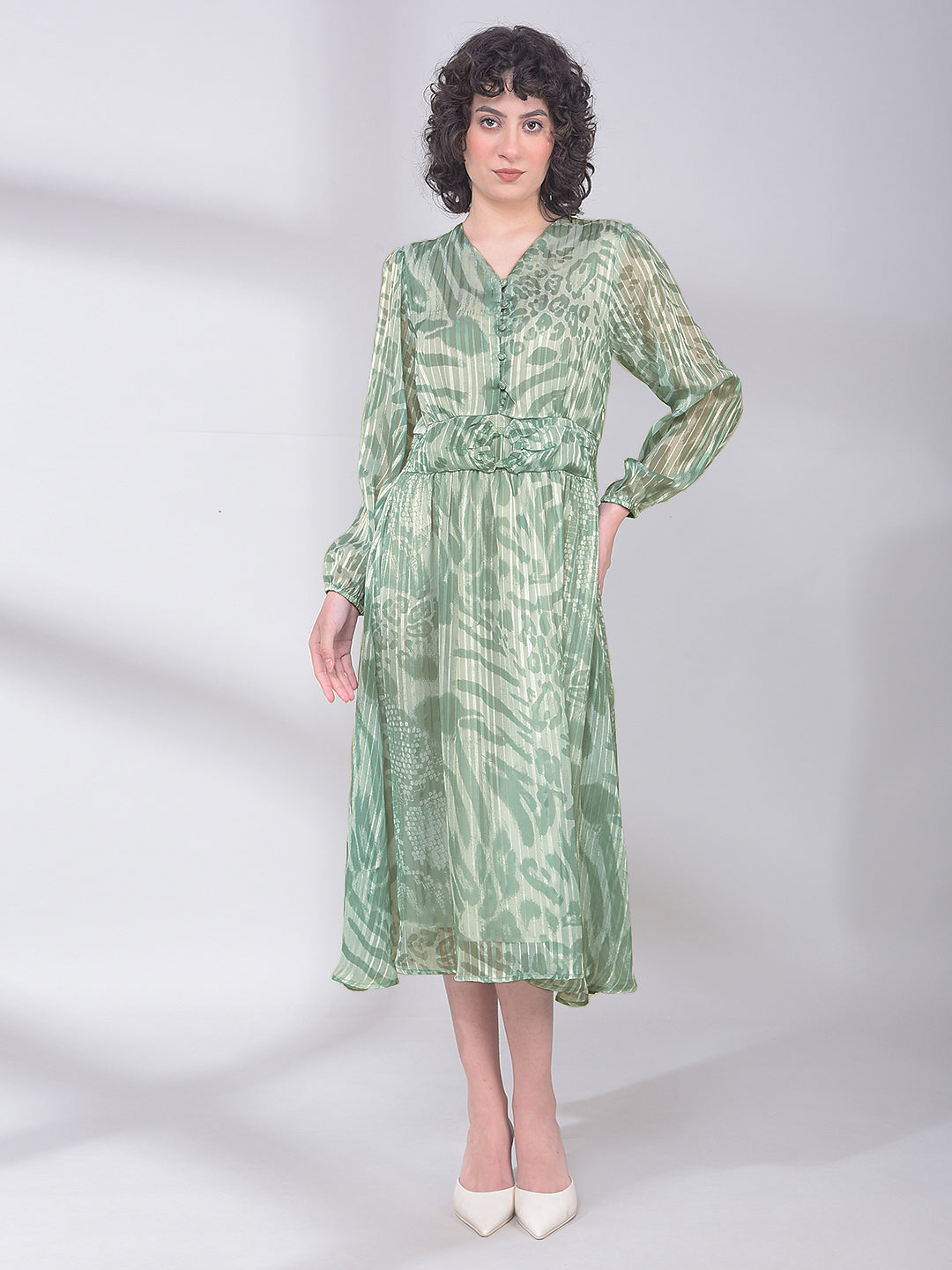 Green Printed V-Neck A-Line Dress-Women Dresses-Crimsoune Club
