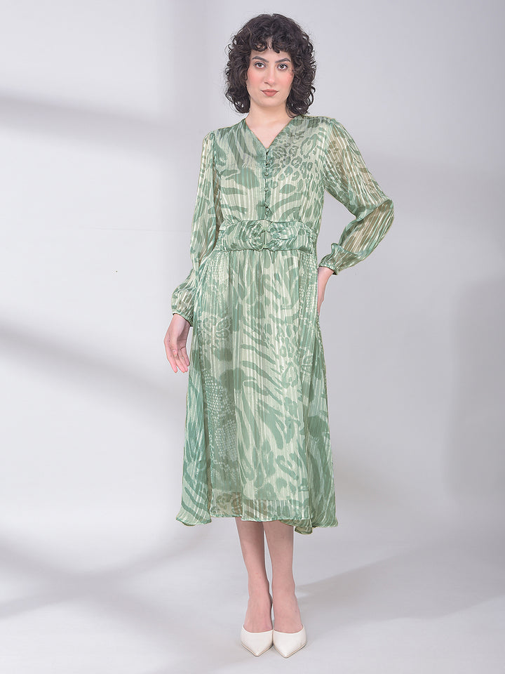Green Printed V-Neck A-Line Dress-Women Dresses-Crimsoune Club
