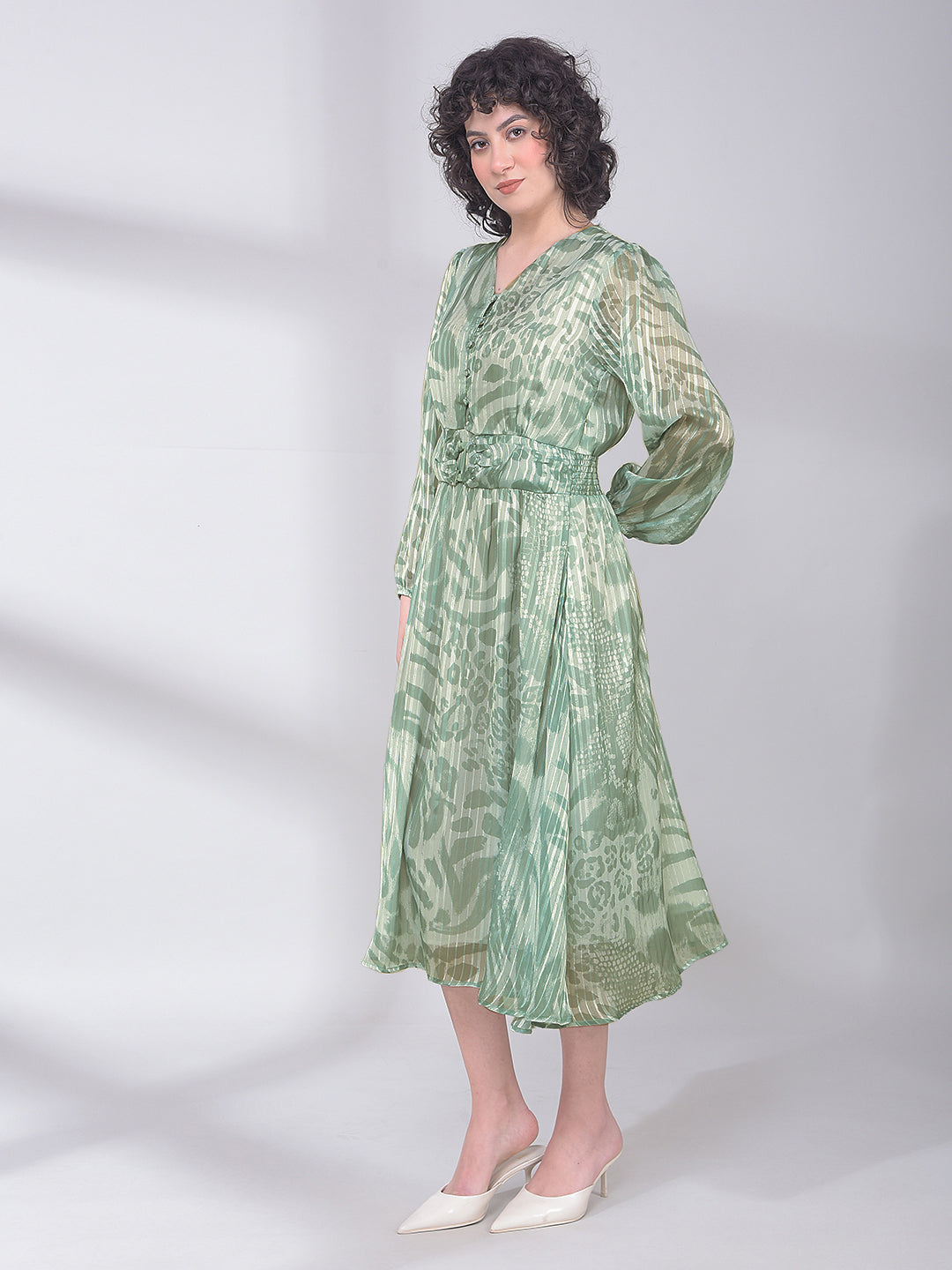 Green Printed V-Neck A-Line Dress-Women Dresses-Crimsoune Club