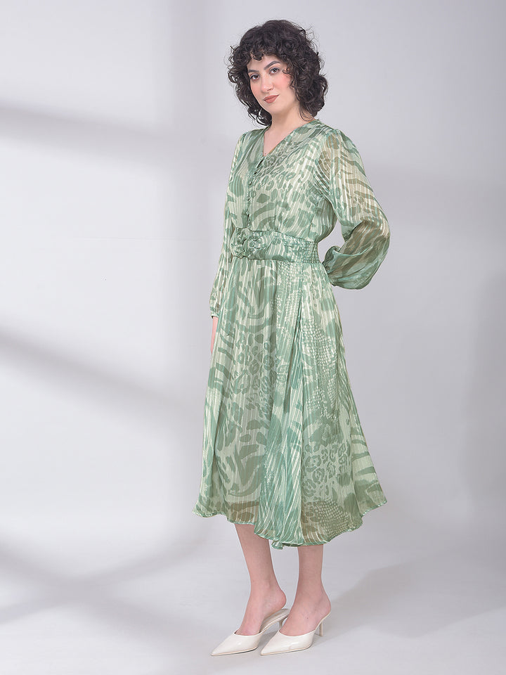 Green Printed V-Neck A-Line Dress-Women Dresses-Crimsoune Club