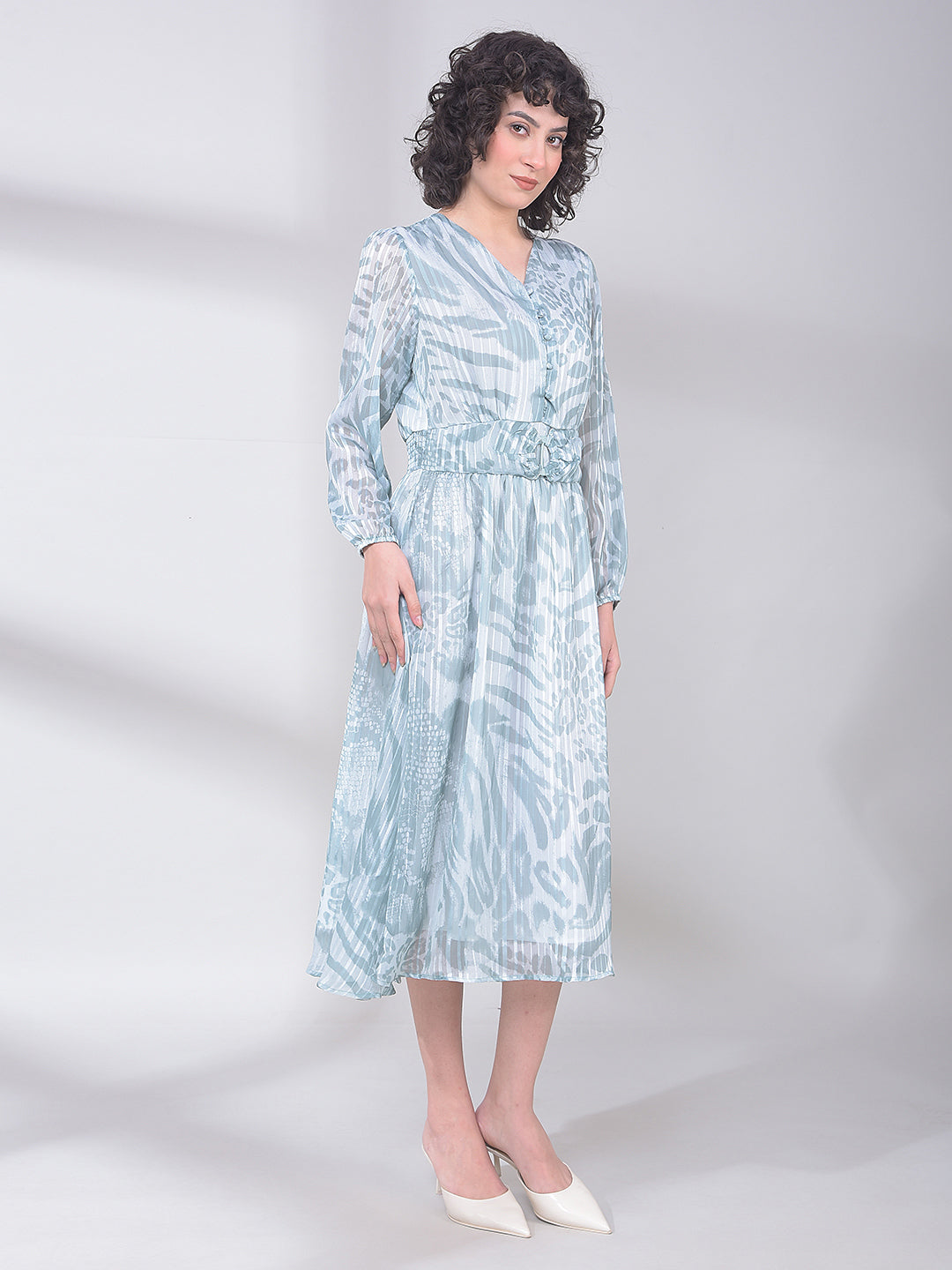 Green Printed V-Neck A-Line Dress-Women Dresses-Crimsoune Club