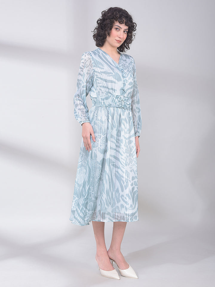 Green Printed V-Neck A-Line Dress-Women Dresses-Crimsoune Club