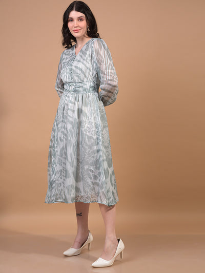 Women's Green Printed V-Neck A-Line Dress-Women Dress-Crimsoune Club