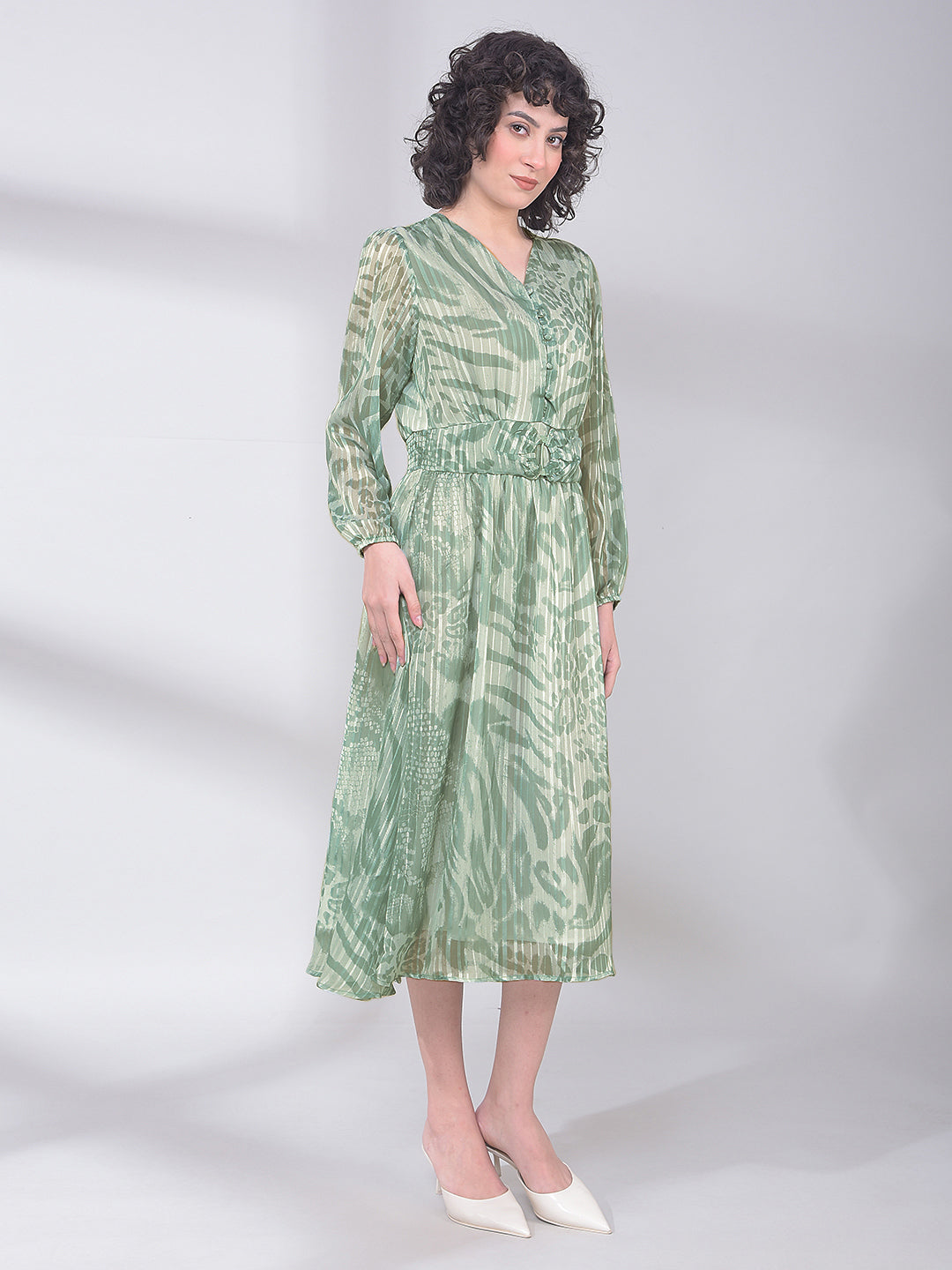 Green Printed V-Neck A-Line Dress-Women Dresses-Crimsoune Club