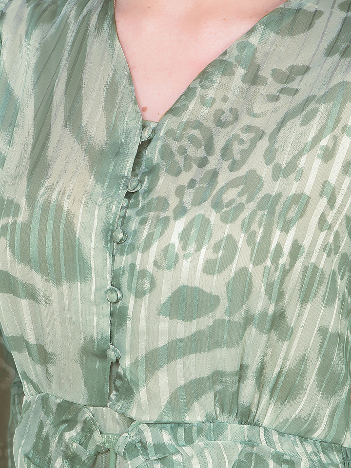 Green Printed V-Neck A-Line Dress-Women Dresses-Crimsoune Club