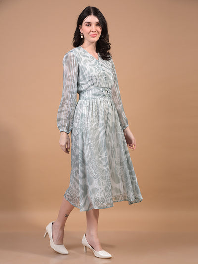 Women's Green Printed V-Neck A-Line Dress-Women Dress-Crimsoune Club