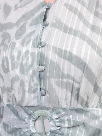 Women's Green Printed V-Neck A-Line Dress-Women Dress-Crimsoune Club