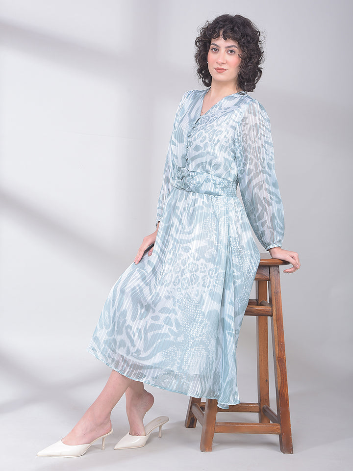 Green Printed V-Neck A-Line Dress-Women Dresses-Crimsoune Club
