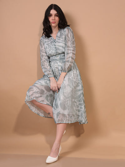 Women's Green Printed V-Neck A-Line Dress-Women Dress-Crimsoune Club