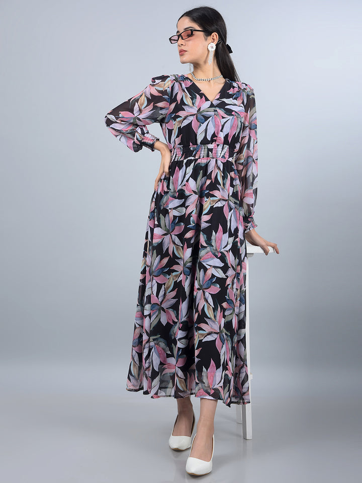 Black Floral Print V-Neck A-Line Dress-Women Dresses-Crimsoune Club