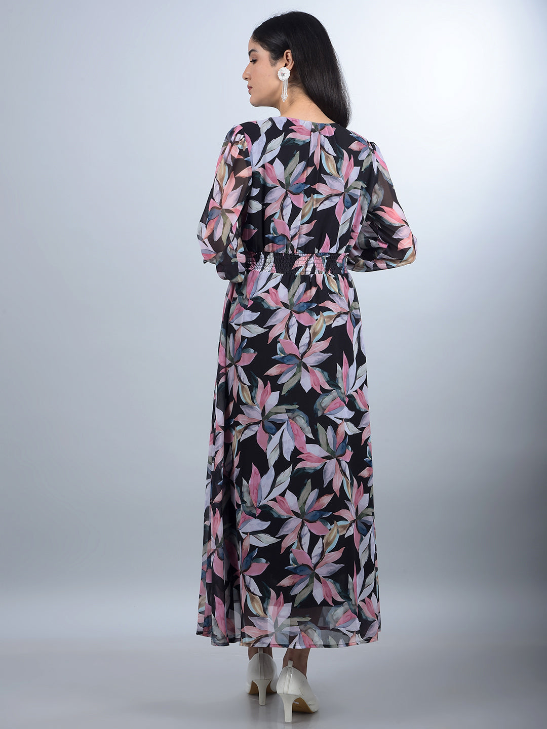 Black Floral Print V-Neck A-Line Dress-Women Dresses-Crimsoune Club