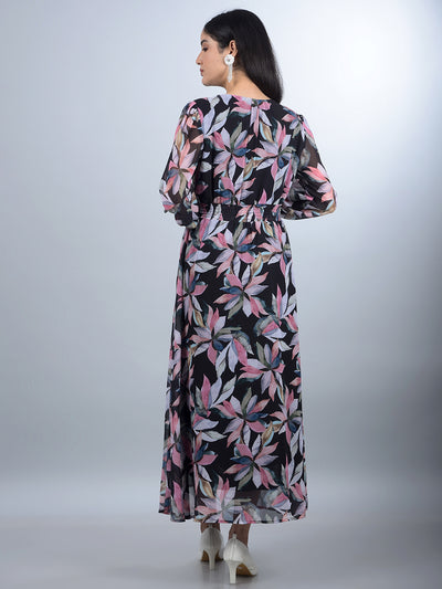 Black Floral Print V-Neck A-Line Dress-Women Dresses-Crimsoune Club