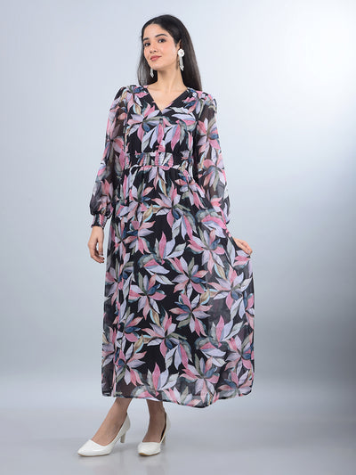 Black Floral Print V-Neck A-Line Dress-Women Dresses-Crimsoune Club