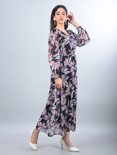Black Floral Print V-Neck A-Line Dress-Women Dresses-Crimsoune Club