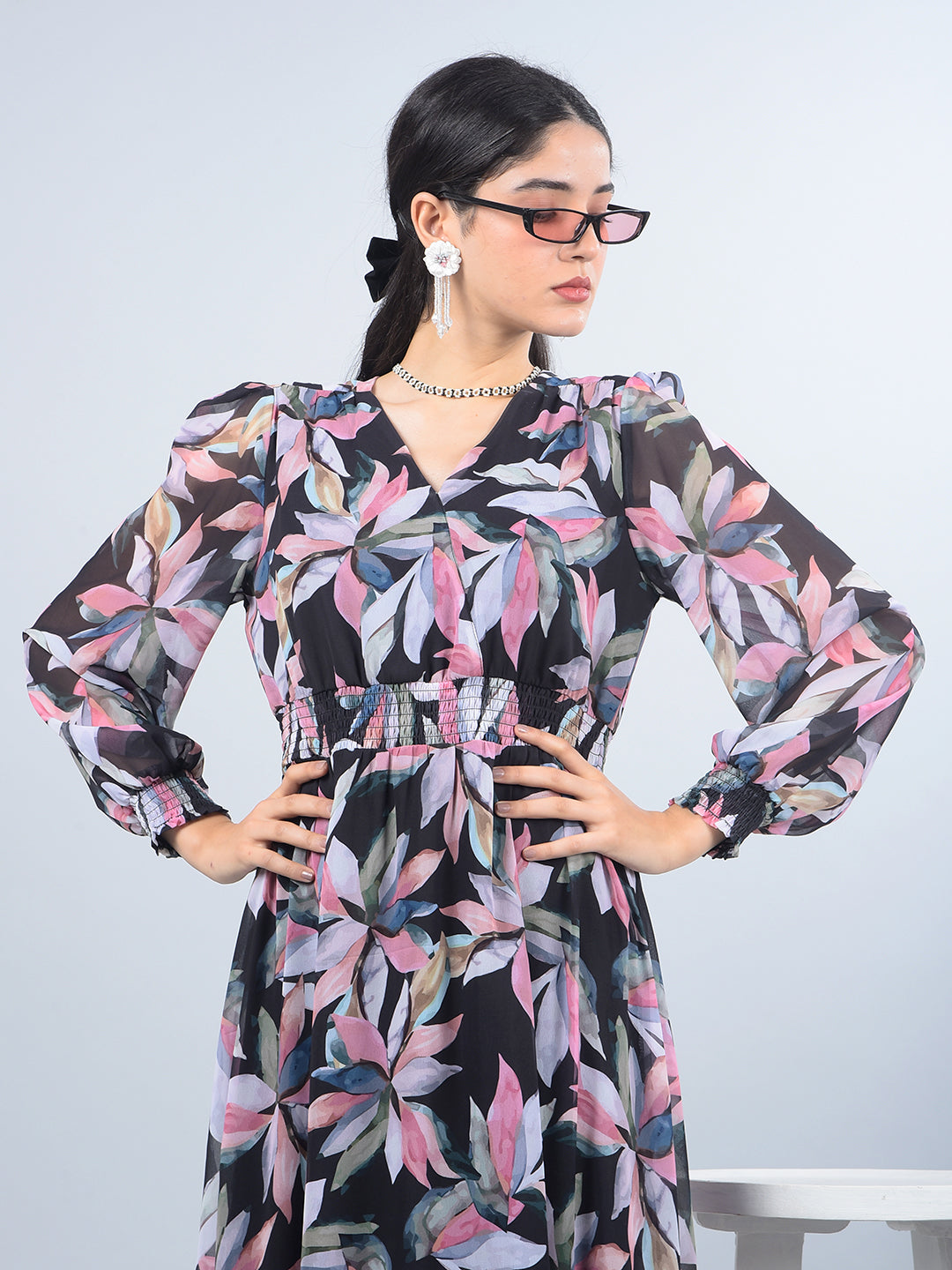 Black Floral Print V-Neck A-Line Dress-Women Dresses-Crimsoune Club