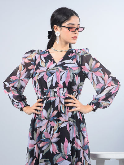 Black Floral Print V-Neck A-Line Dress-Women Dresses-Crimsoune Club