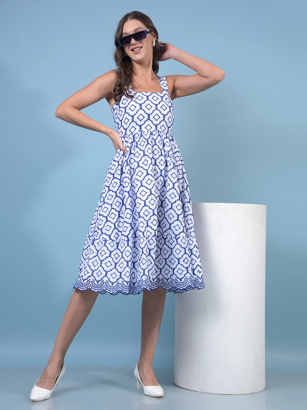 Women's Blue Embroidered Shoulder Straps Sleeveless A-Line Dress-Women Dresses-Crimsoune Club