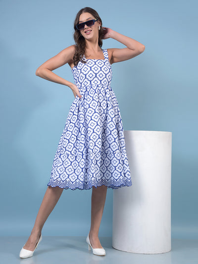 Women's Blue Embroidered Shoulder Straps Sleeveless A-Line Dress-Women Dresses-Crimsoune Club
