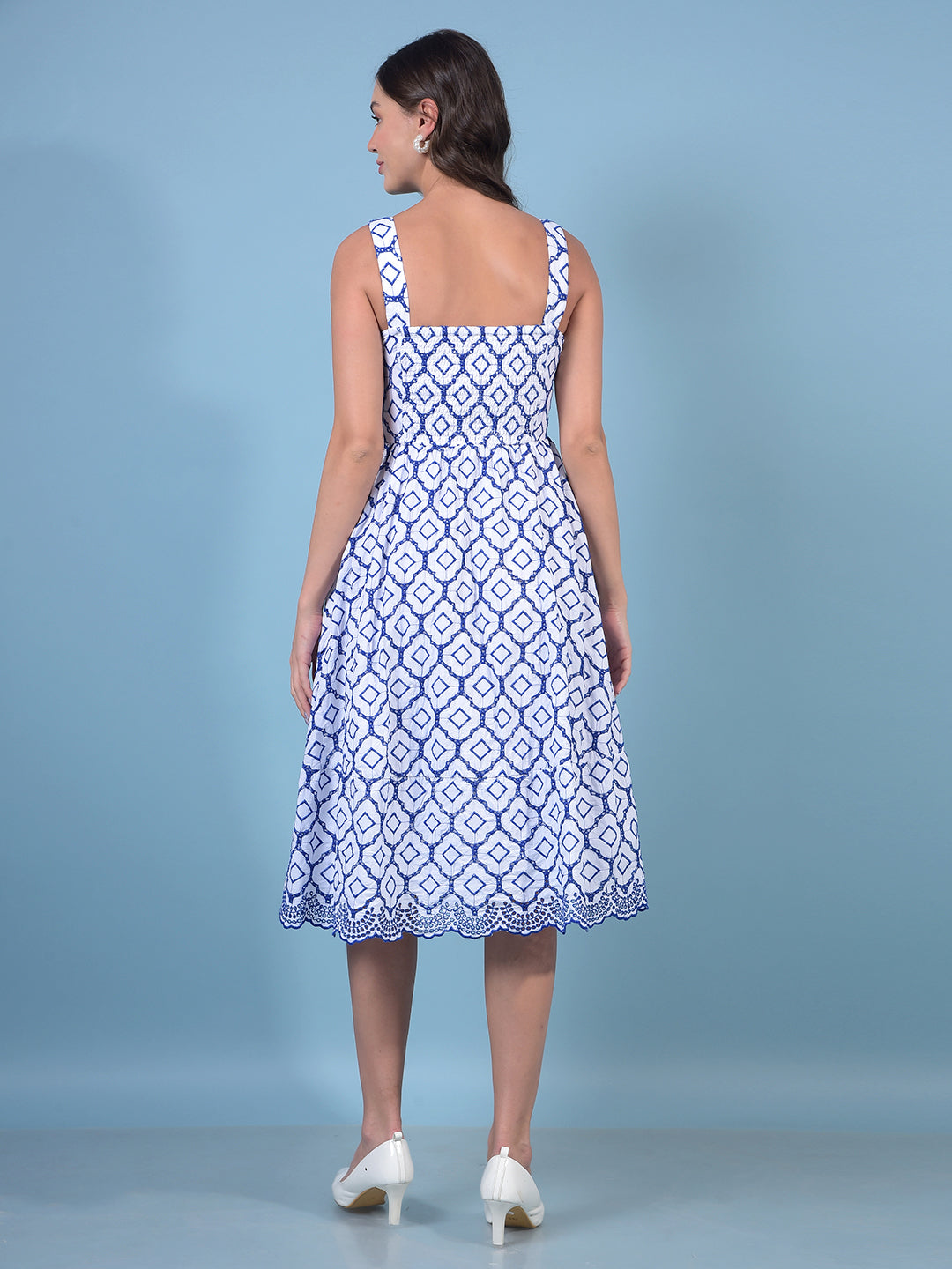 Women's Blue Embroidered Shoulder Straps Sleeveless A-Line Dress-Women Dresses-Crimsoune Club