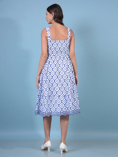 Women's Blue Embroidered Shoulder Straps Sleeveless A-Line Dress-Women Dresses-Crimsoune Club