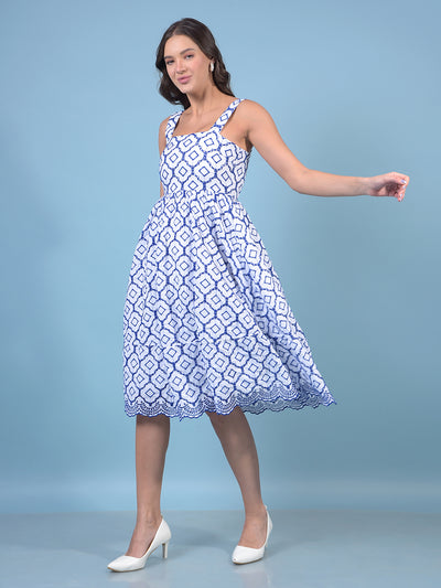 Women's Blue Embroidered Shoulder Straps Sleeveless A-Line Dress-Women Dresses-Crimsoune Club