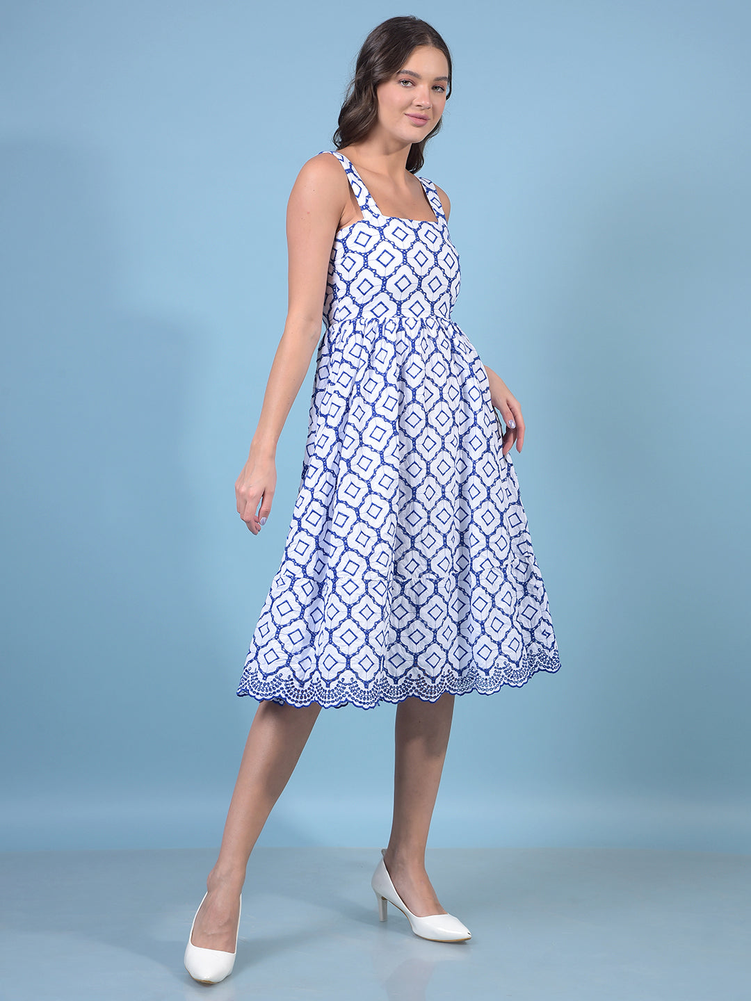 Women's Blue Embroidered Shoulder Straps Sleeveless A-Line Dress-Women Dresses-Crimsoune Club
