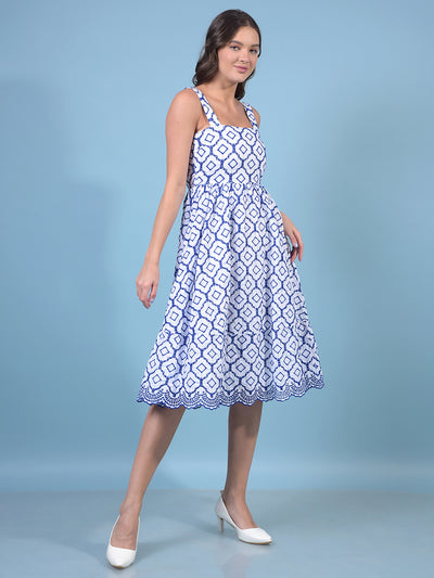 Women's Blue Embroidered Shoulder Straps Sleeveless A-Line Dress-Women Dresses-Crimsoune Club