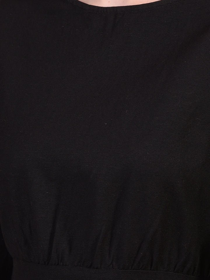 Women's Black Embroidered Linen A-Line Dress-Women Dress-Crimsoune Club