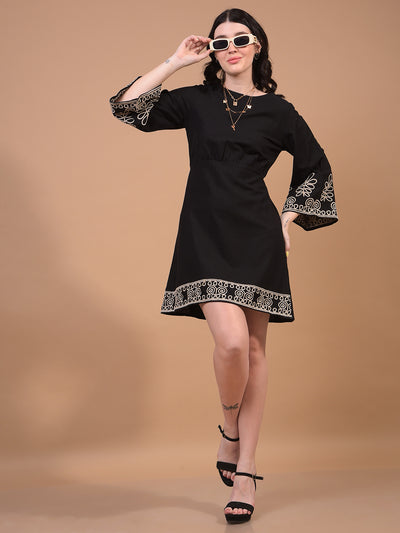 Women's Black Embroidered Linen A-Line Dress-Women Dress-Crimsoune Club