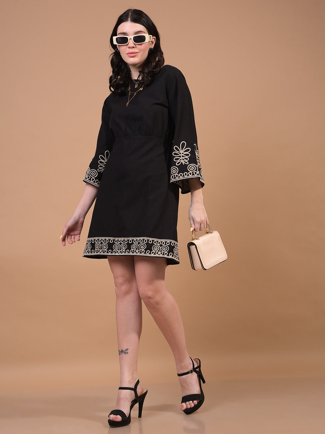 Women's Black Embroidered Linen A-Line Dress-Women Dress-Crimsoune Club