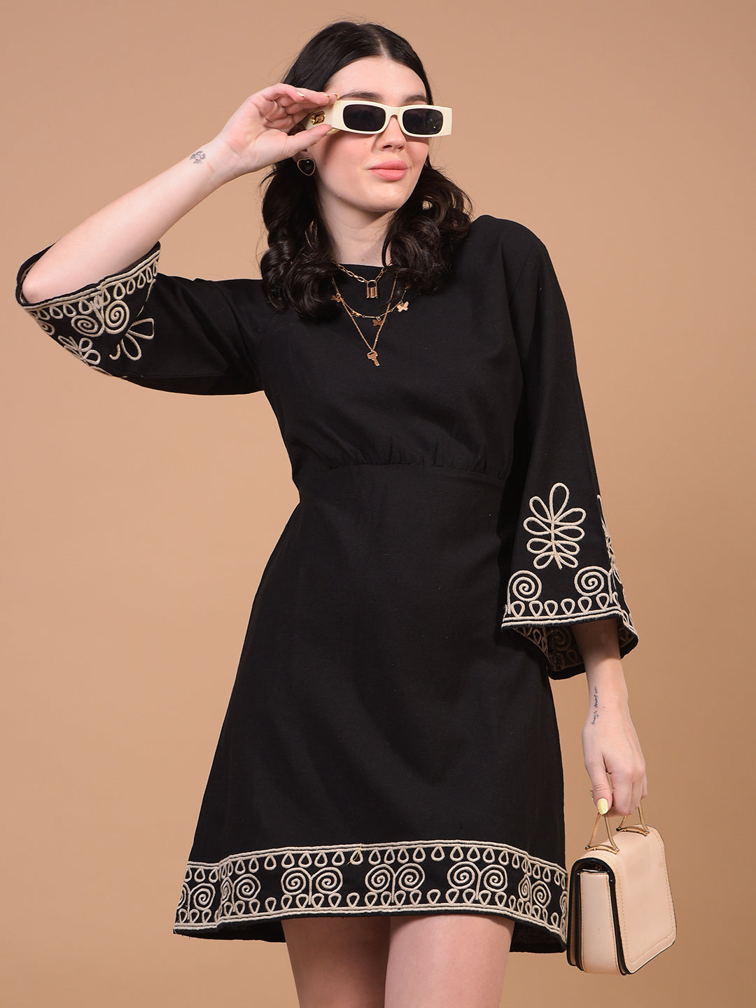 Women's Black Embroidered Linen A-Line Dress-Women Dress-Crimsoune Club