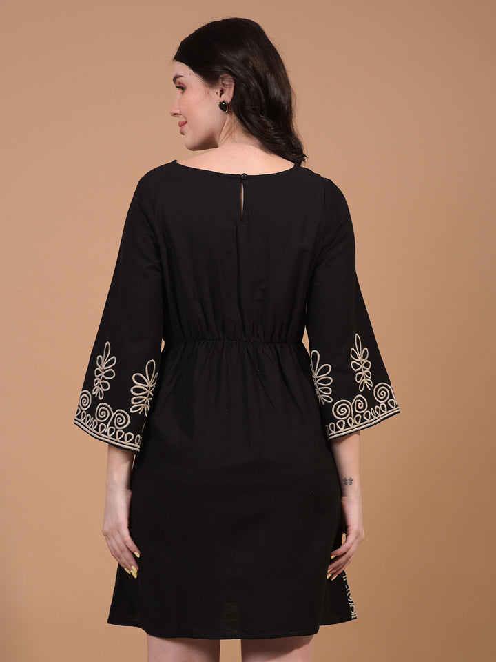 Women's Black Embroidered Linen A-Line Dress-Women Dress-Crimsoune Club