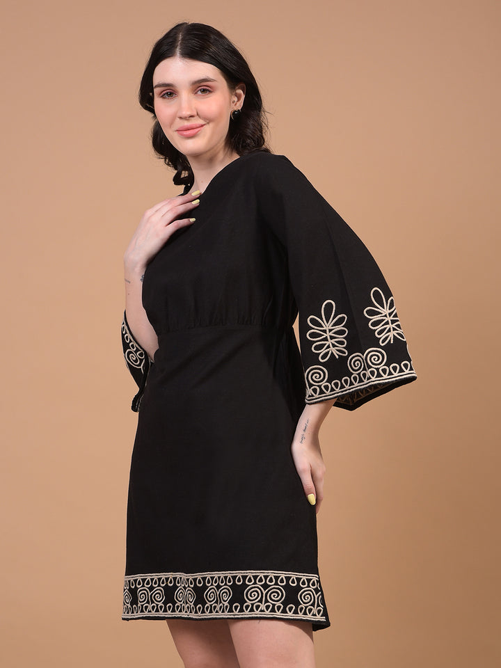 Women's Black Embroidered Linen A-Line Dress-Women Dress-Crimsoune Club