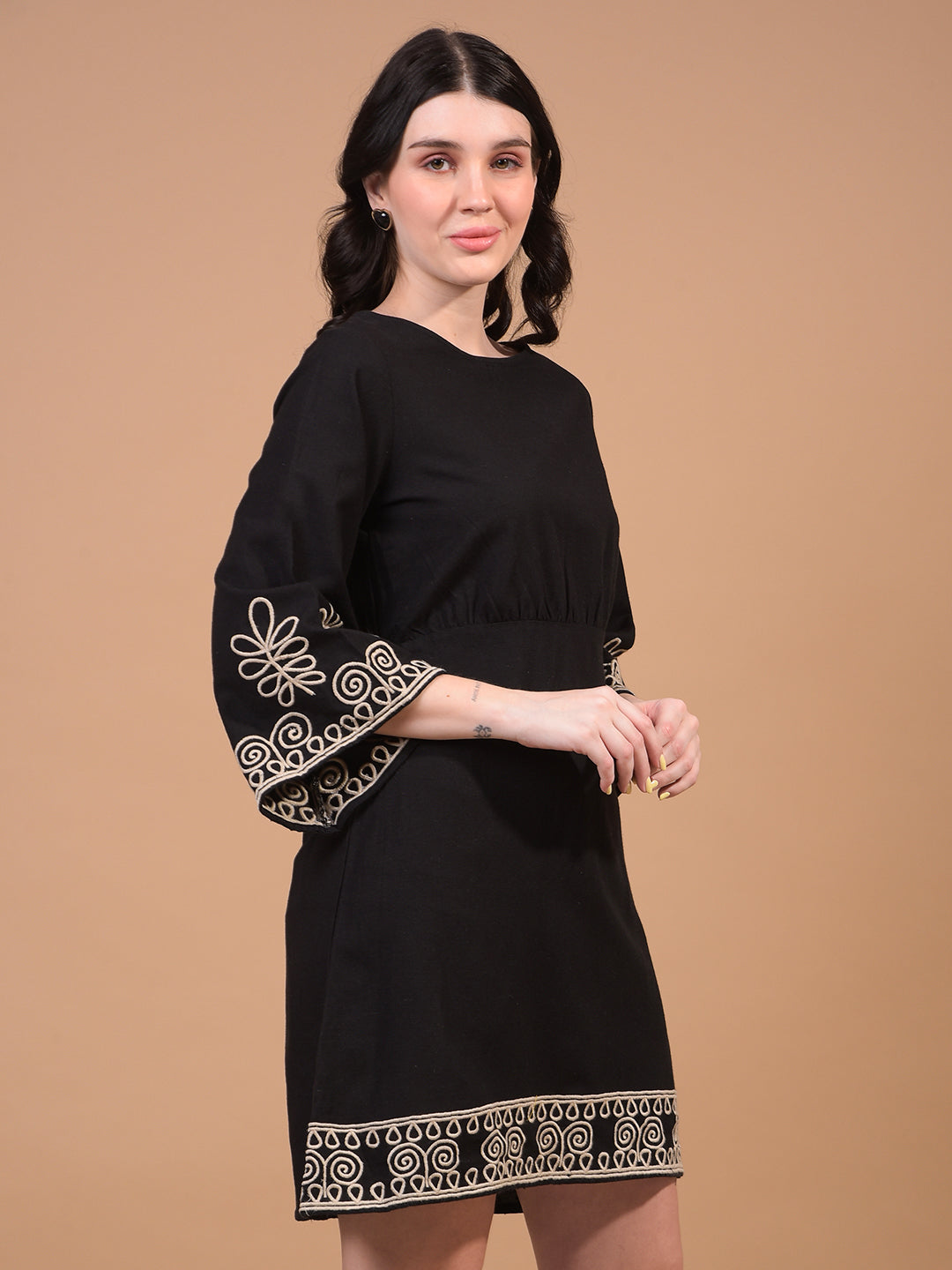 Women's Black Embroidered Linen A-Line Dress-Women Dress-Crimsoune Club