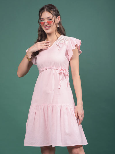 Pink V-Neck A-Line Dress-Women Dresses-Crimsoune Club