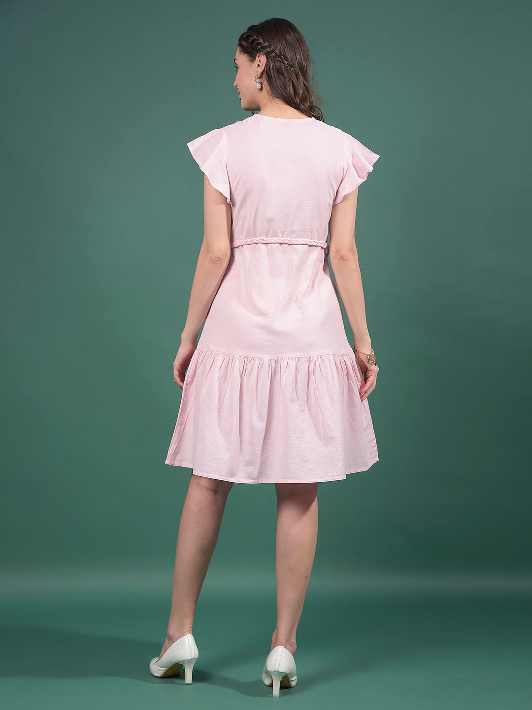 Pink V-Neck A-Line Dress-Women Dresses-Crimsoune Club